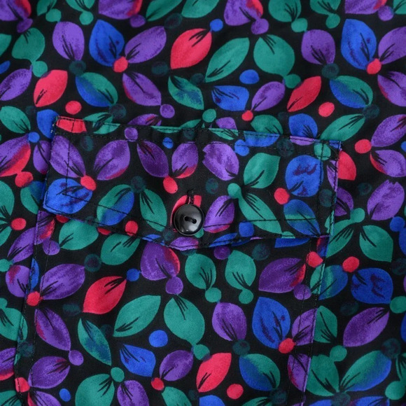 Vintage Black Green Blue Red Floral Button Up Long Sleeve Blouse - Picture 15 of 15